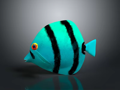Blue Fish with Black Stripes and Red Yellow Eyes on Gray Background with Reflection 3d model