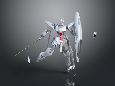Silver Mecha Character With Red Core Holding Spear Shield In Dynamic Pose And Floating Fragments 3d model