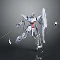 Silver Mecha Character With Red Core Holding Spear Shield In Dynamic Pose And Floating Fragments