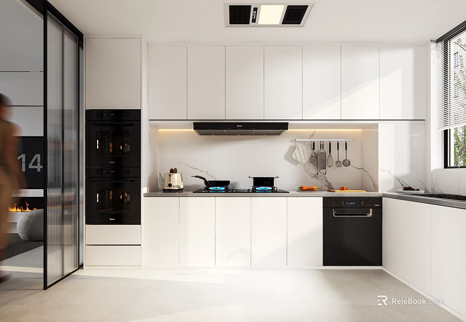 Modern Open Kitchen Interior Design With White Cabinets Black Appliances And Hanging Utensils 3d model 