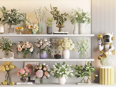 Vase Flowers Decorative Display On Multi Layer Shelves With Various Styles Pink White Yellow Blooms 3d model