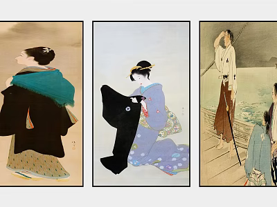 Traditional Japanese Figure Paintings With Robed Figures Kneeling Standing And Boat Scene 3d model