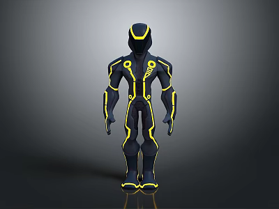 Futuristic Armored Character with Yellow Accent Lines in Dark Exoskeleton Suit 3D Render Design 3d model