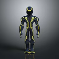 Futuristic Armored Character with Yellow Accent Lines in Dark Exoskeleton Suit 3D Render Design