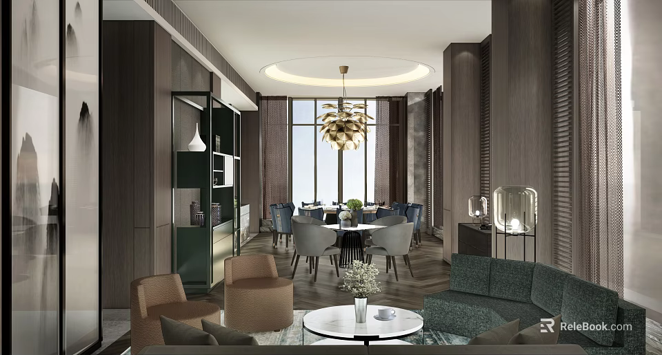 Modern Private Room Interior With Round Dining Table Chandelier And Comfortable Sofa 3d model