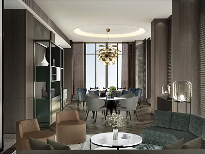 Modern Private Room Interior With Round Dining Table Chandelier And Comfortable Sofa 3d model