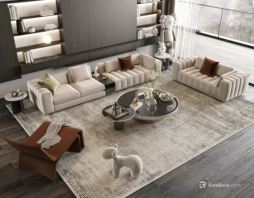 Contemporary Living Room Sofa and Coffee Table Set With Beige Upholstery Glass Top and Area Rug 3d model 