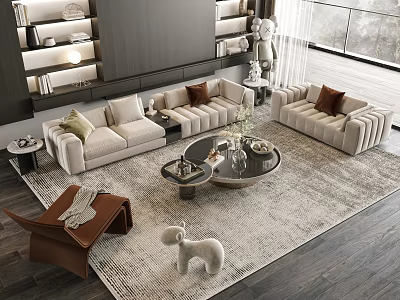 Contemporary Living Room Sofa and Coffee Table Set With Beige Upholstery Glass Top and Area Rug 3d model