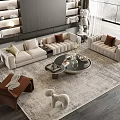 Contemporary Living Room Sofa and Coffee Table Set With Beige Upholstery Glass Top and Area Rug