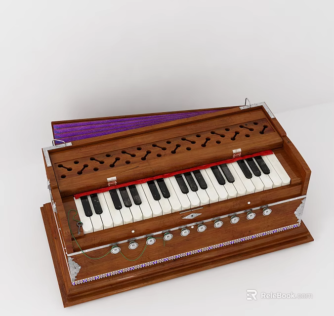 Artistic Wooden Harmonium With Black White Keys And Purple Decorative Panel 3d model 