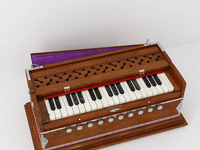 Artistic Wooden Harmonium With Black White Keys And Purple Decorative Panel 3d model
