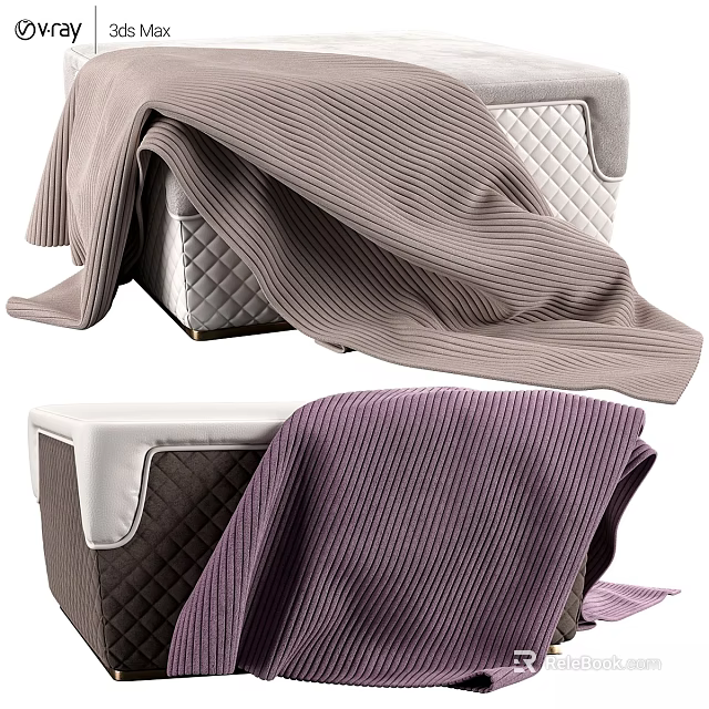 Cozy Ottoman With Knitted Blanket And Quilted Design In Gray And Purple Tones 3d model 