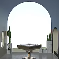 Board Game Entertainment Spot With Arched Window Blue Sky Orange Mountains Purple Water And Cactus Plants