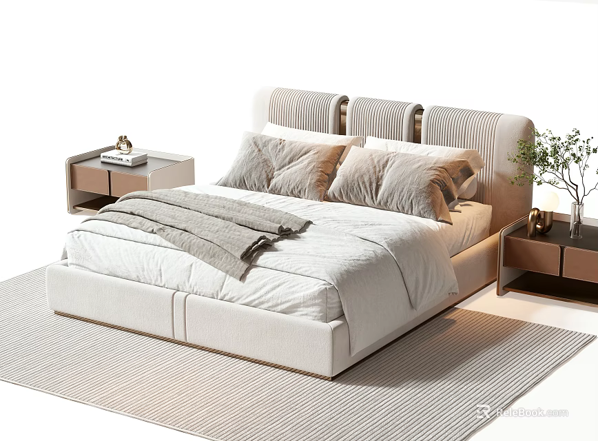Modern Light Luxury Upholstered Double Bed With Soft Bedding Pillows And Matching Storage Nightstands 3d model 