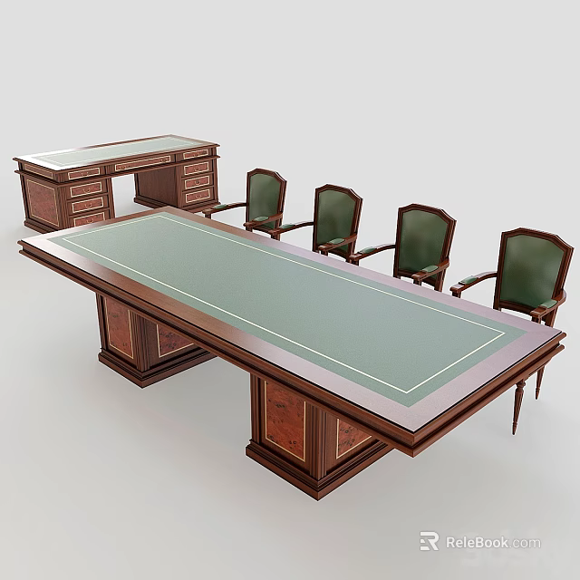 Executive Office Desk with Wooden Frame Green Top Drawers and Matching Chairs 3d model 