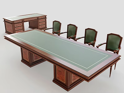 Executive Office Desk with Wooden Frame Green Top Drawers and Matching Chairs 3d model