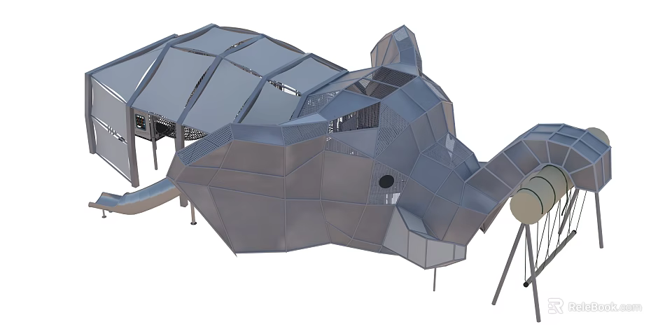 Modern Rhino Shaped Metal Building Structure With Geometric Panels And Open Design 3d model 