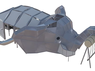 Modern Rhino Shaped Metal Building Structure With Geometric Panels And Open Design 3d model