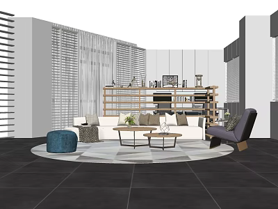 Modern Office Interior Design With Sofa Coffee Tables And Wooden Bookshelf Blinds 3d model