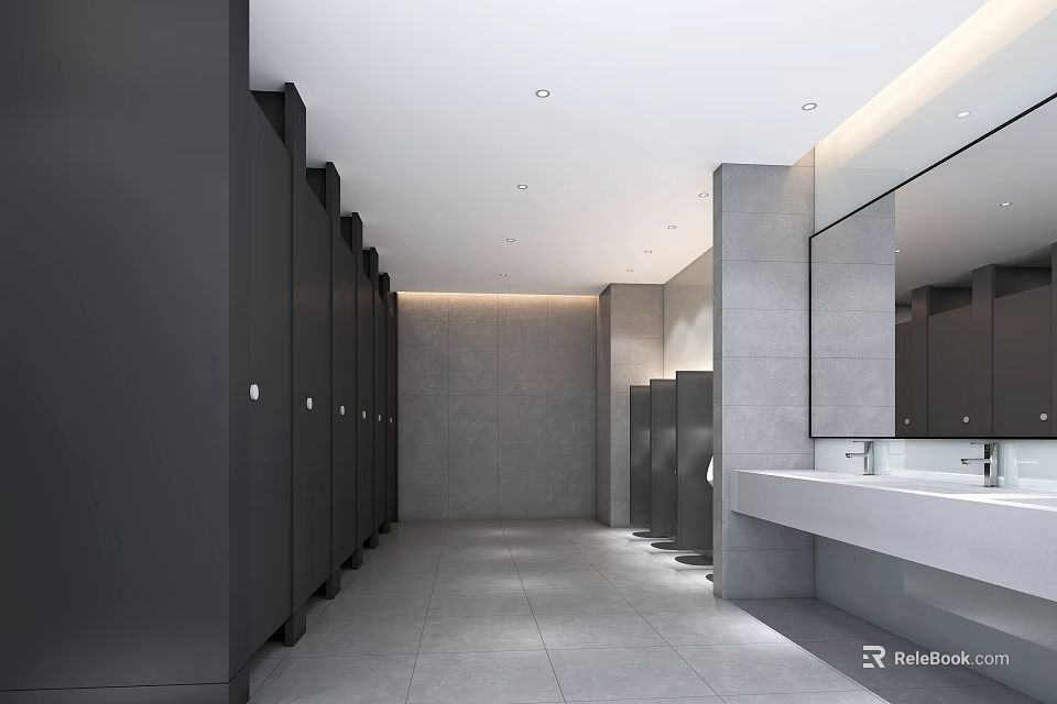 Modern Public Restroom Interior With Gray Tiled Walls Black Stalls And Large Mirror 3d model 