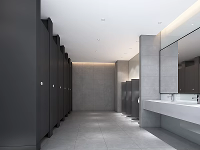 Modern Public Restroom Interior With Gray Tiled Walls Black Stalls And Large Mirror 3d model