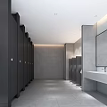 Modern Public Restroom Interior With Gray Tiled Walls Black Stalls And Large Mirror