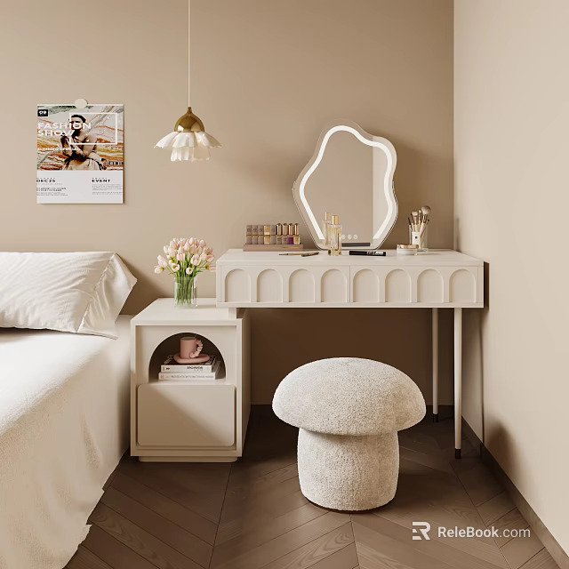 White Scalloped Dressing Table With Decorative Mirror Flower Vase And Fuzzy Mushroom Stool In Bedroom 3d model 