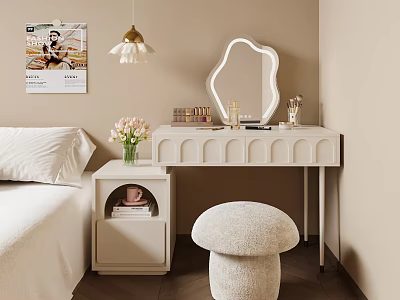 White Scalloped Dressing Table With Decorative Mirror Flower Vase And Fuzzy Mushroom Stool In Bedroom 3d model