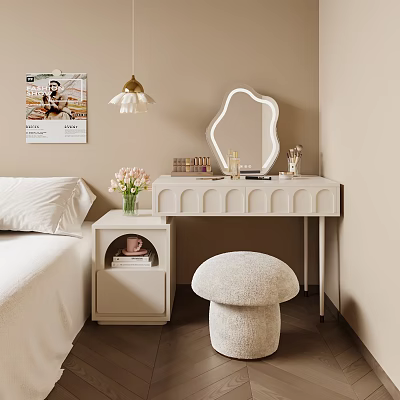 White Scalloped Dressing Table With Decorative Mirror Flower Vase And Fuzzy Mushroom Stool In Bedroom 3d model