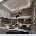 Modern Living and Dining Room Interior With Golden Wave Chandelier White Sofa And Bookshelves