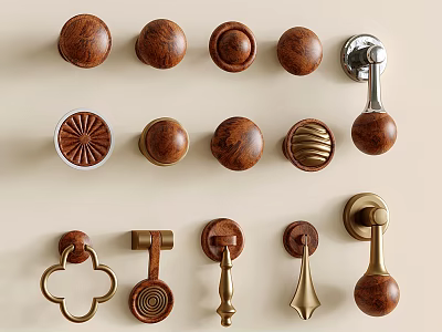 Assorted Cabinet Handles and Knobs in Wooden and Metal with Various Decorative Styles 3d model