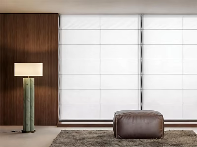 White Roman Shades In Modern Interior With Wooden Wall Floor Lamp And Leather Ottoman 3d model
