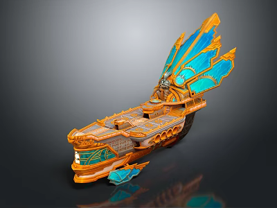 Ornate Fantasy Ship Model With Intricate Carvings Golden Body And Blue Wings 3d model