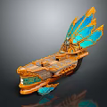 Ornate Fantasy Ship Model With Intricate Carvings Golden Body And Blue Wings