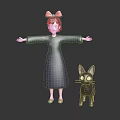 Girl In Purple Dress With Red Bow Arms Outstretched Beside Black Cat With Big Ears