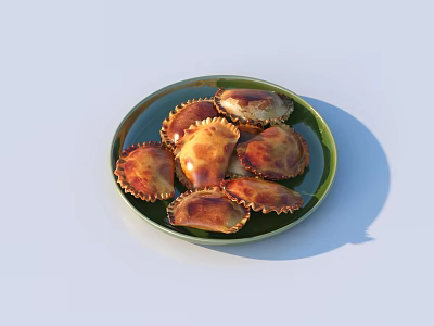 Several Golden Brown Baked Pastries on Green Plate with Crispy Crusts 3d model