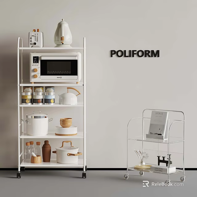Organized Kitchen Storage with White Shelving Unit Microwave Jars Pots and POLIFORM Logo 3d model
