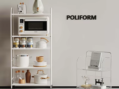 Organized Kitchen Storage with White Shelving Unit Microwave Jars Pots and POLIFORM Logo 3d model