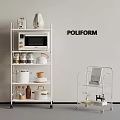 Organized Kitchen Storage with White Shelving Unit Microwave Jars Pots and POLIFORM Logo 3d model