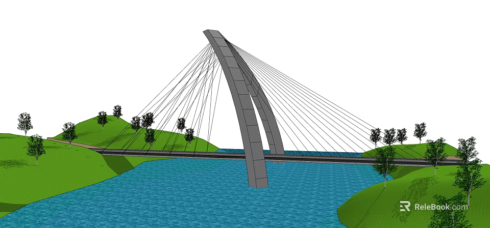 Modern Cable Stayed Bridge Design Over Blue Water With Green Grass And Trees 3d model 