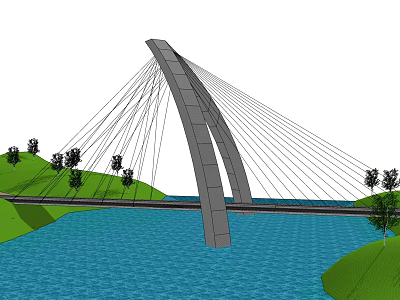 Modern Cable Stayed Bridge Design Over Blue Water With Green Grass And Trees 3d model