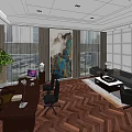 Modern Office Interior Design with Workstation Rest Area Artwork Green Plant and Herringbone Floor