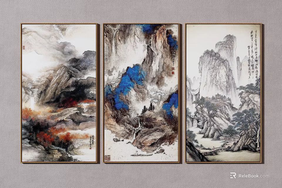 Traditional Chinese Landscape Painting with Misty Mountains Flowing Rivers and Pine Trees Wall Art 3d model 