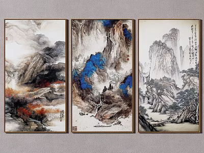 Traditional Chinese Landscape Painting with Misty Mountains Flowing Rivers and Pine Trees Wall Art 3d model