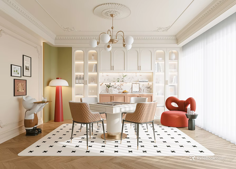 Modern Entertainment Room With Chandelier Rug Cozy Seating And Wooden Bookshelves 3d model 