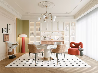 Modern Entertainment Room With Chandelier Rug Cozy Seating And Wooden Bookshelves 3d model