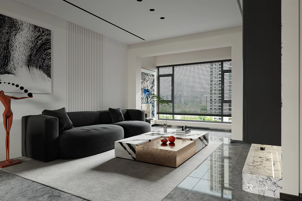 Modern Minimalist Living And Dining Room Interior With Black Sofa Marble Coffee Table And Blinds 3d model 