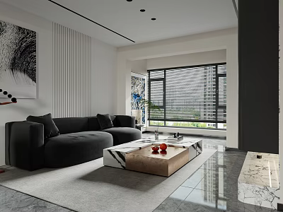 Modern Minimalist Living And Dining Room Interior With Black Sofa Marble Coffee Table And Blinds 3d model