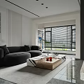 Modern Minimalist Living And Dining Room Interior With Black Sofa Marble Coffee Table And Blinds