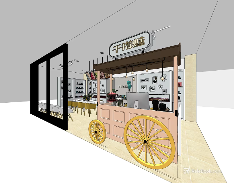 Vintage Hair Beauty Salon Interior Design With Wheeled Reception Counter And Display Cabinets 3d model 